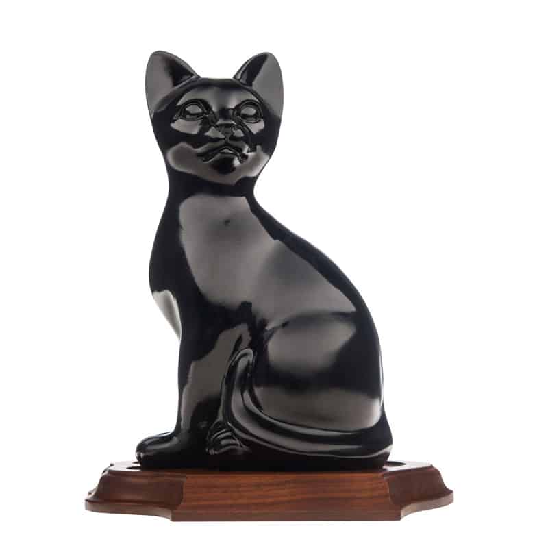 Sitting-Ceramic-Urn-in-Black-on-Wood-Base