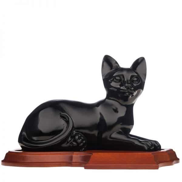 Lying-Ceramic-Cat-in-Black-on-Wood-Base