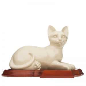Lying-Ceramic-Cat-in-White-on-Wood-Base