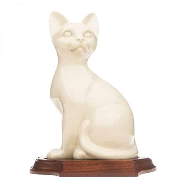 Sitting-Ceramic-Cat-Urn-in-White-on-Wood-Base